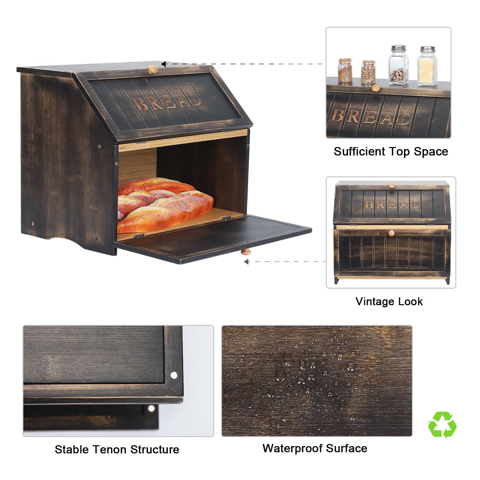 HOMEKOKO bread box vintage black finish adds rustic charm to any kitchen.