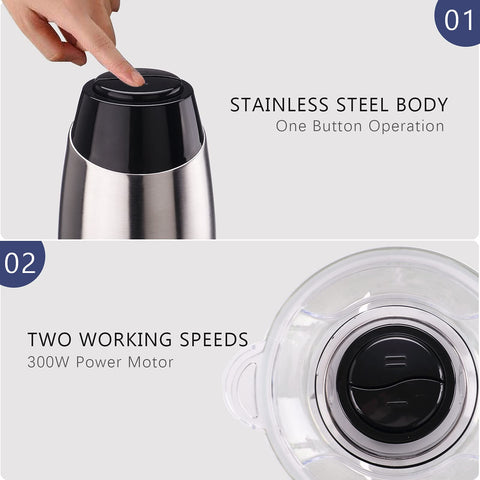 Two speeds handle onions, beef, nuts, and baby food with ease.