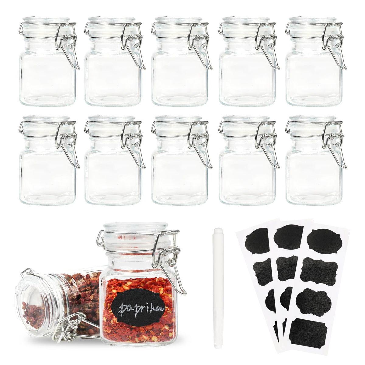 Homelike Style 12-pack glass jars with airtight lids for organized storage and freshness.