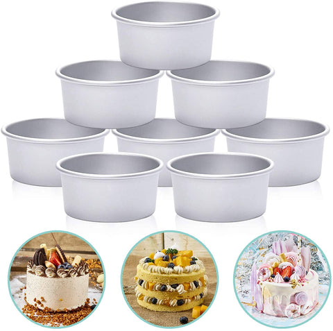 HomeMall 4-Inch aluminum round cake pan set ready for mini layer cakes.