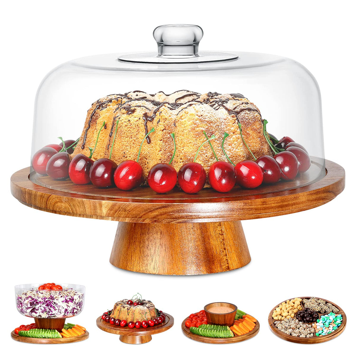 Homeries acacia wood cake stand with dome keeps treats fresh