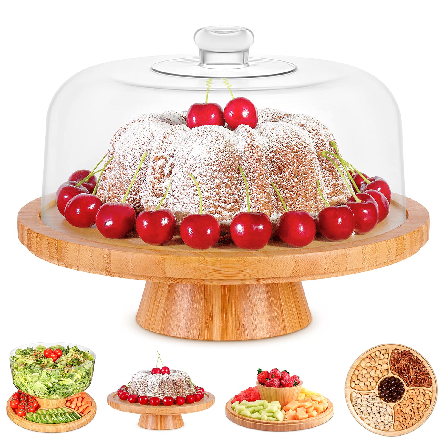 Homeries bamboo cake stand with dome lid for elegant display and freshness.