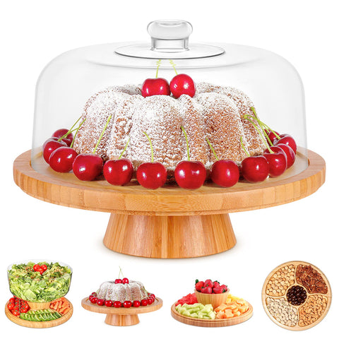 Homeries bamboo cake stand with dome lid for elegant display and freshness.