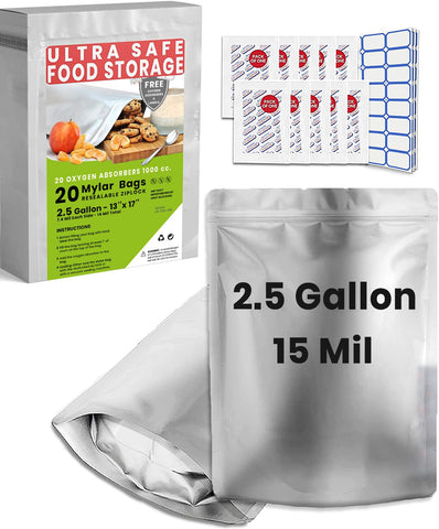Homesensei 2.5-gallon Mylar bag with stand-up gusset for organized long-term storage.