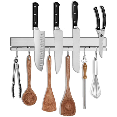 HomeSimplex 12-Inch magnetic knife holder on the wall provides secure knife storage.