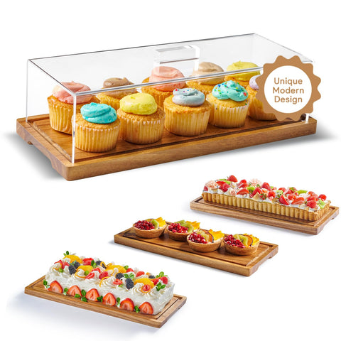 Homesphere acacia cake display with lid showcasing desserts and preserving freshness