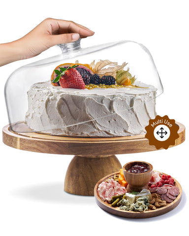 Homesphere acacia wood cake stand with dome lid for festive dessert display.