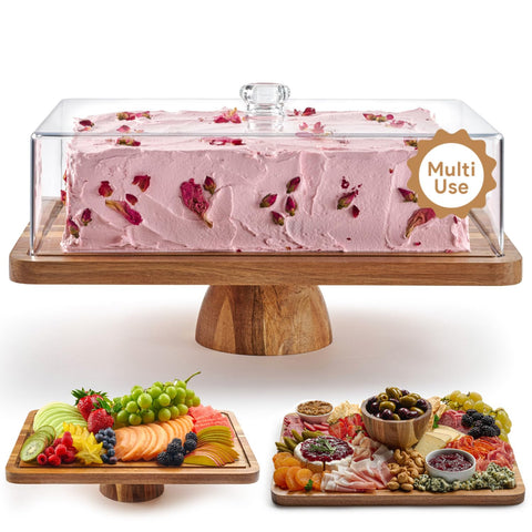 HOMESPHERE acacia wood rectangle cake stand with lid for festive dessert displays.