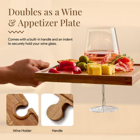 Homesphere wine glass holders on a board for sipping and snacking without juggling