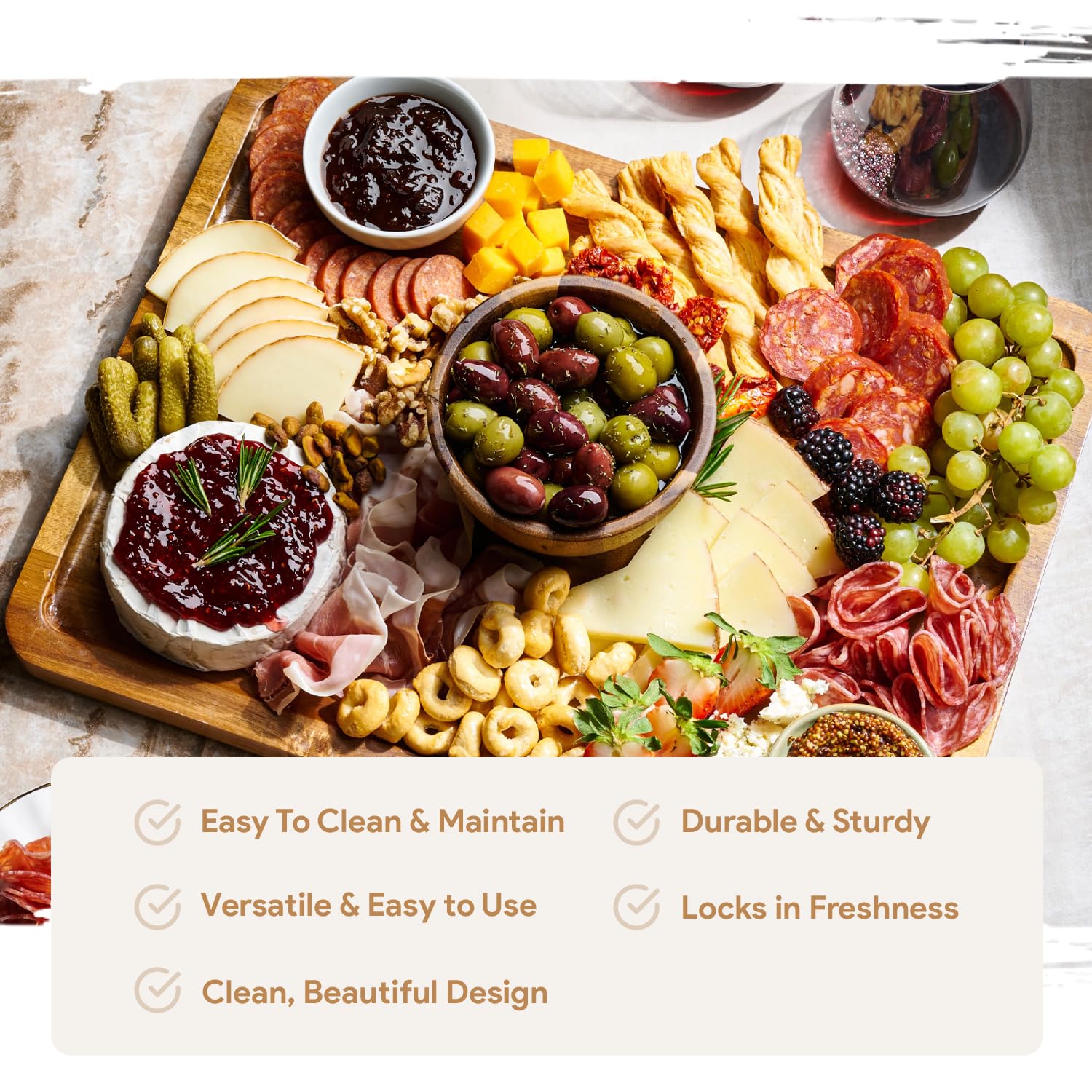 HOMESPHERE wooden dessert tray used as charcuterie board for cheeses.