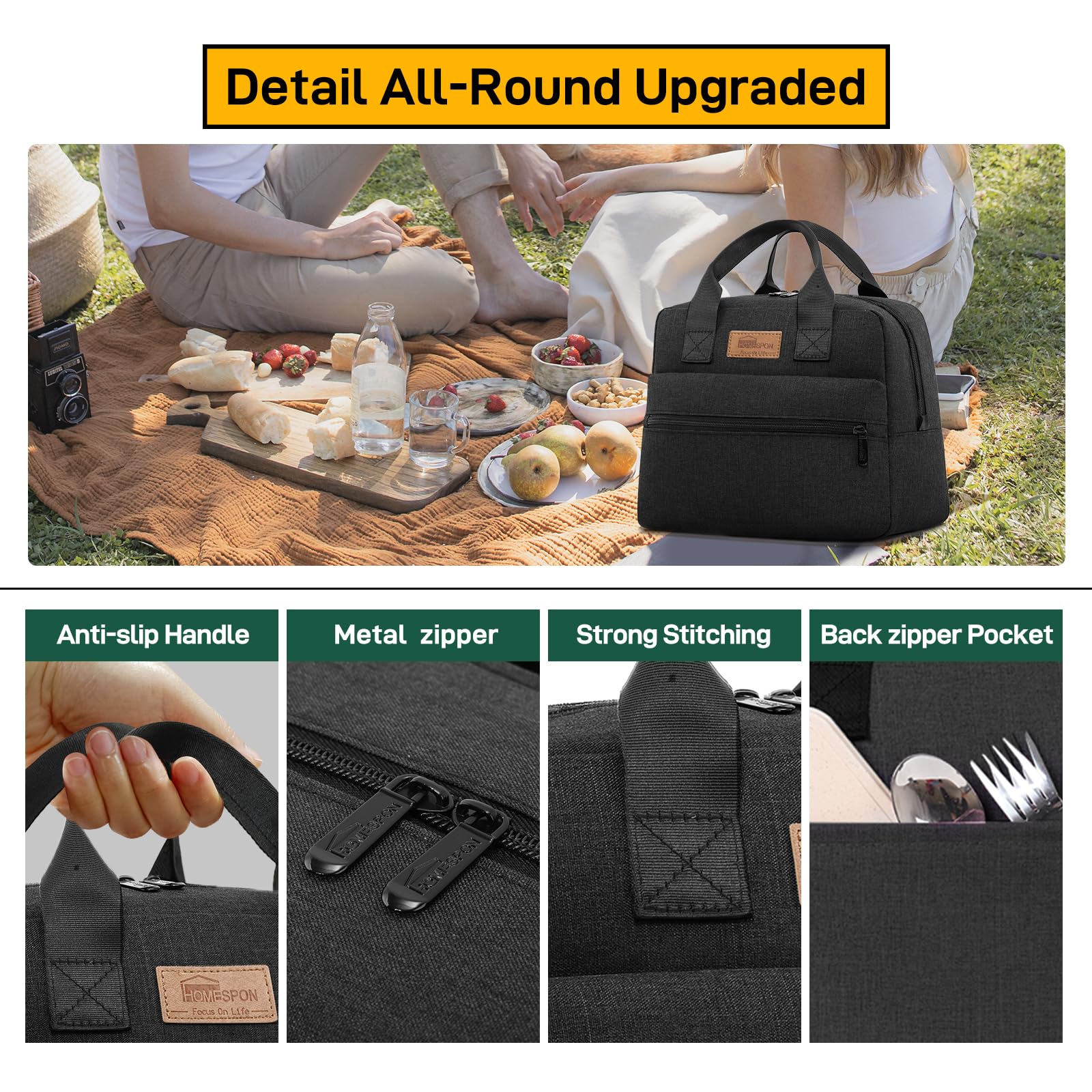HOMESPON insulated lunch bag back pocket helps you store essentials securely