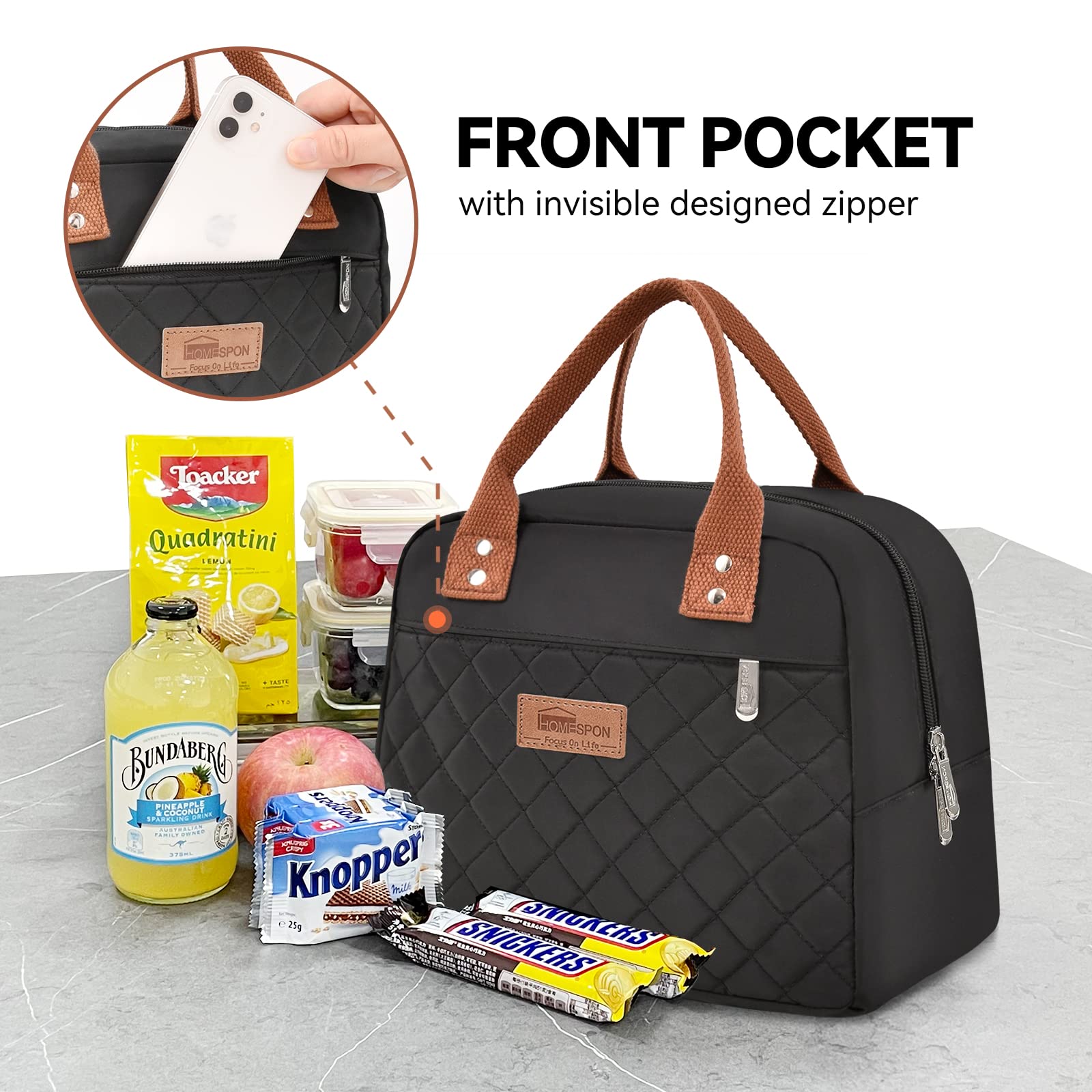 HOMESPON insulated lunch bag open main compartment shows spacious capacity.
