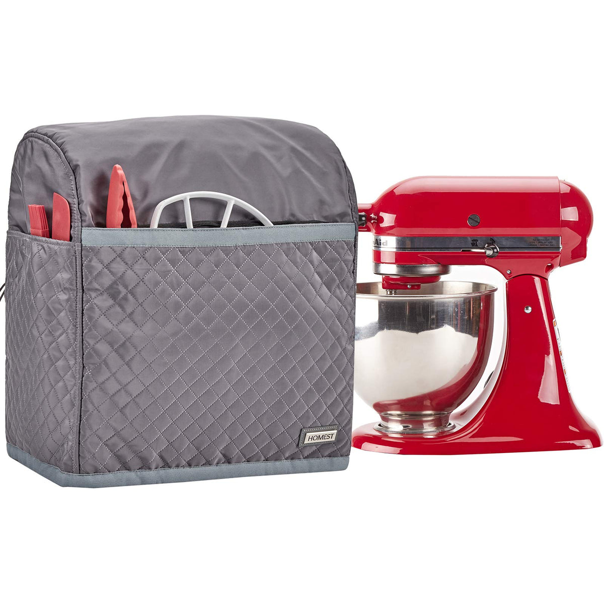 HOMEST quilted dust cover with pockets on a tilt-head mixer for dust protection and organization