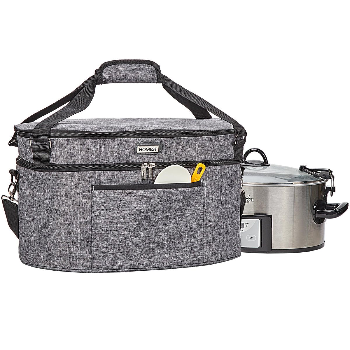 HOMEST slow cooker bag with top compartment for extra storage on the go.