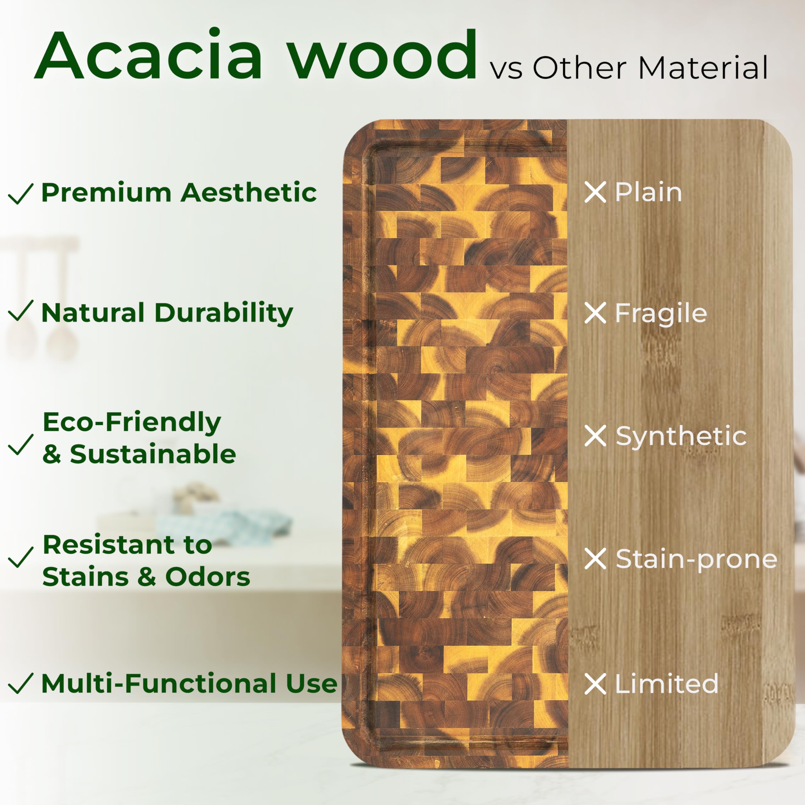 HOMESTEAD Acacia cutting board close-up highlighting rich wood grain and durability
