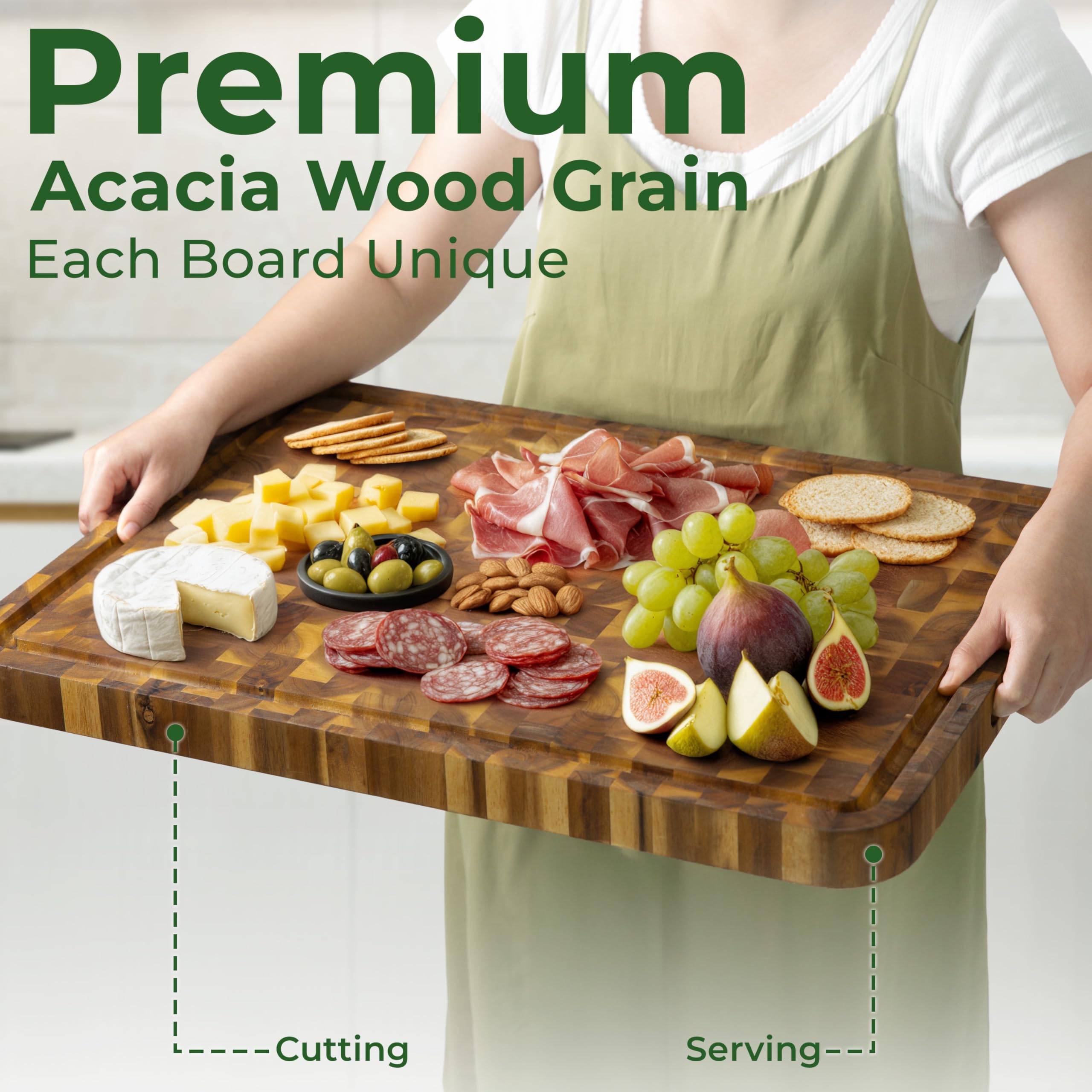 HOMESTEAD Handled board shown on kitchen counter for easy lift and transport