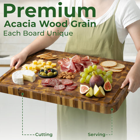 HOMESTEAD Handled board shown on kitchen counter for easy lift and transport