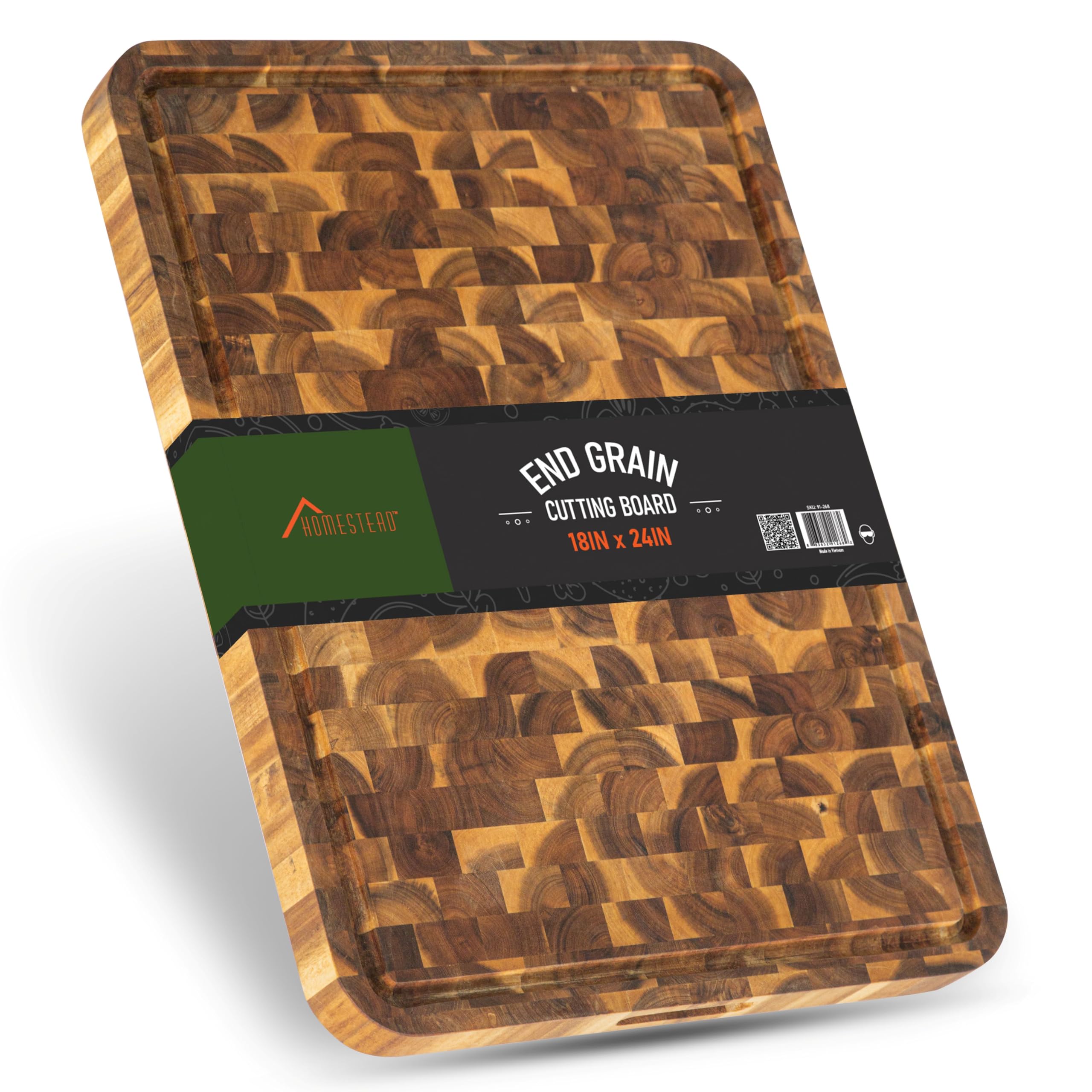 HOMESTEAD End Grain Acacia Cutting Board with juice groove for mess-free meat prep