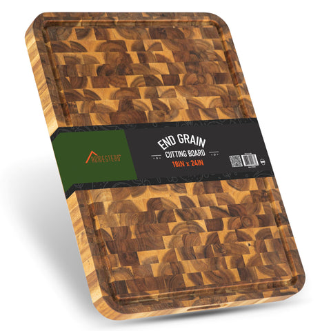 HOMESTEAD End Grain Acacia Cutting Board with juice groove for mess-free meat prep