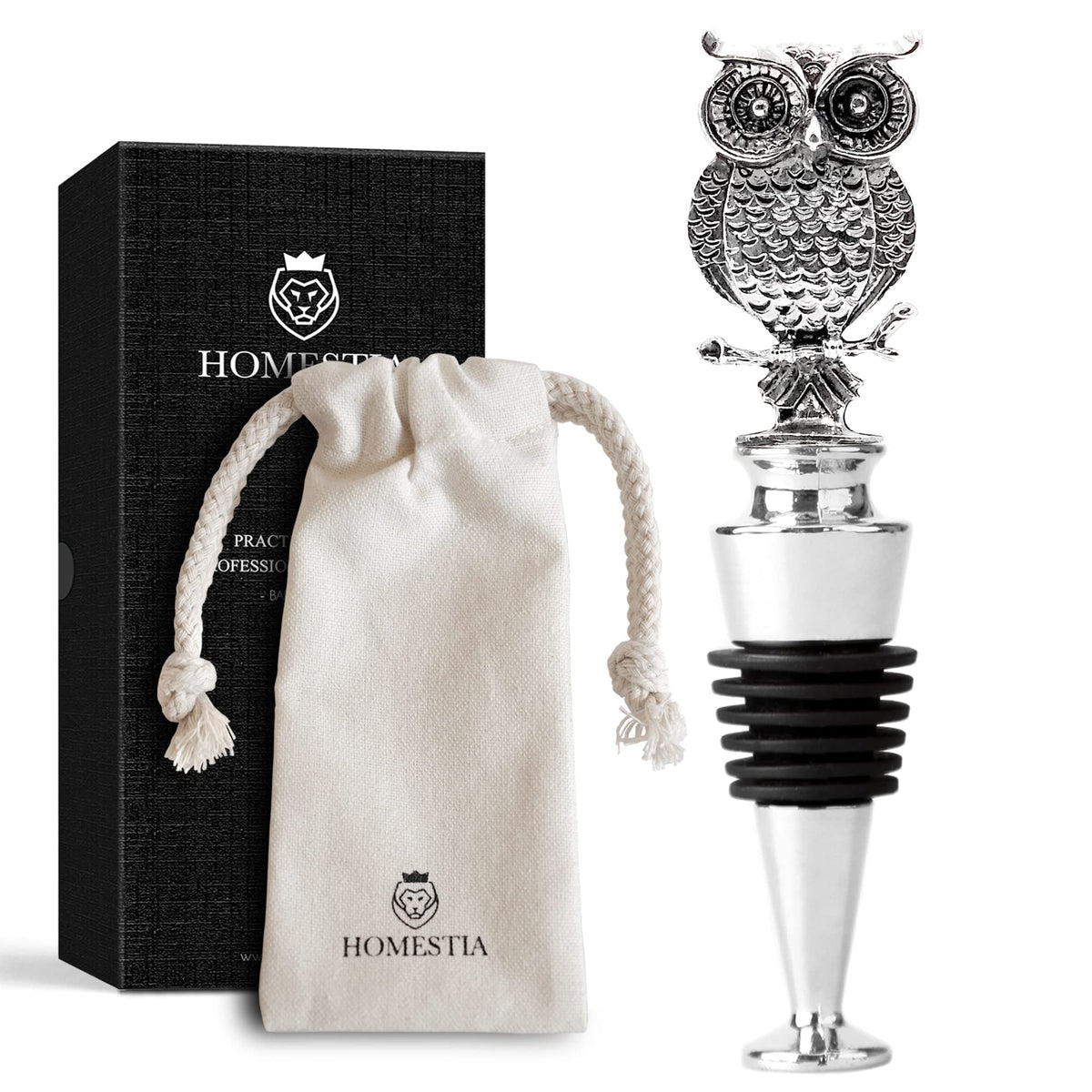 Homestia owl wine stopper close-up shows handmade craft and airtight seal.