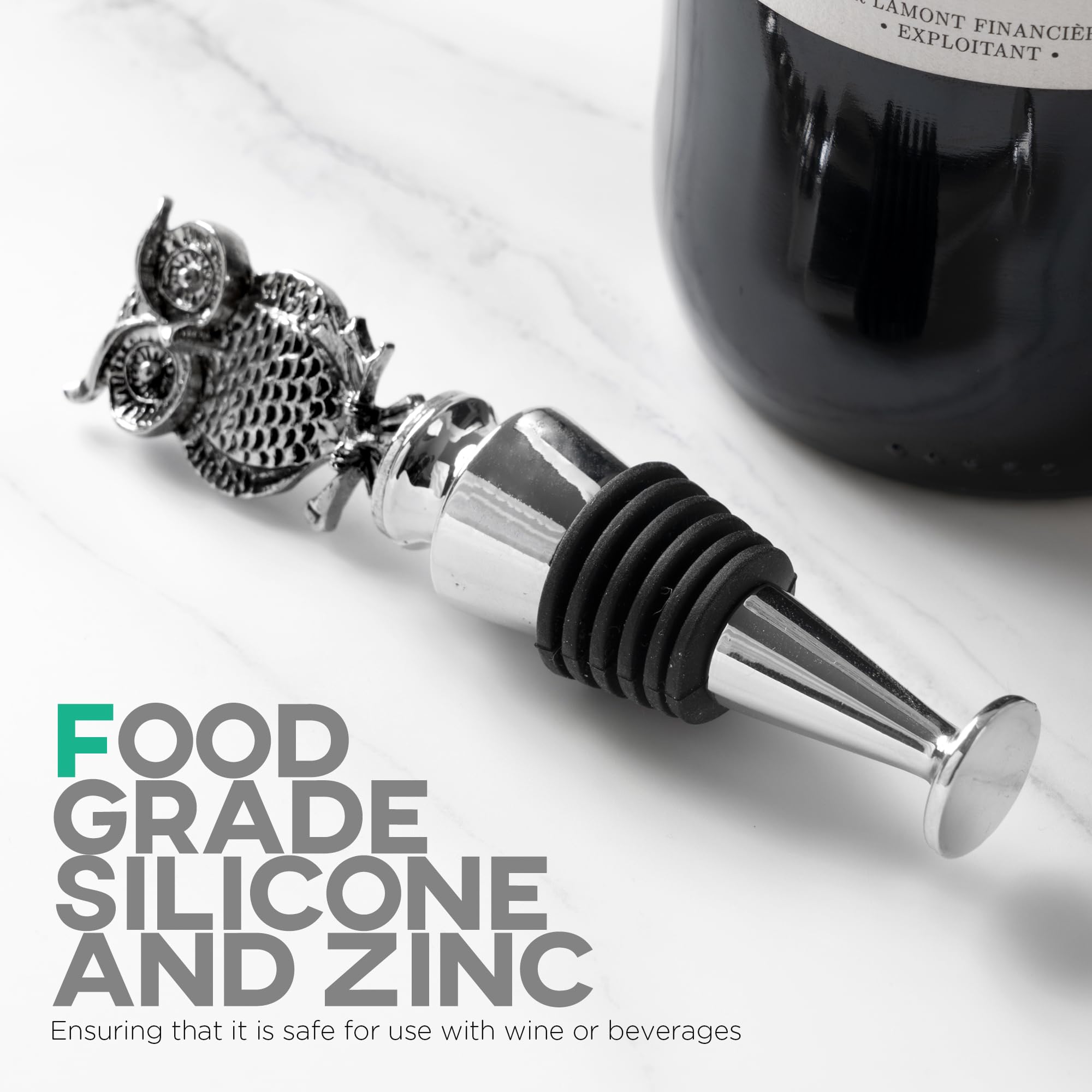Homestia owl wine stopper in bottle demonstrates easy sealing and freshness.