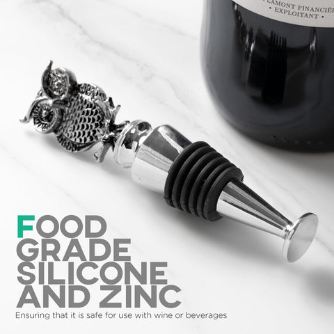 Homestia owl wine stopper in bottle demonstrates easy sealing and freshness.