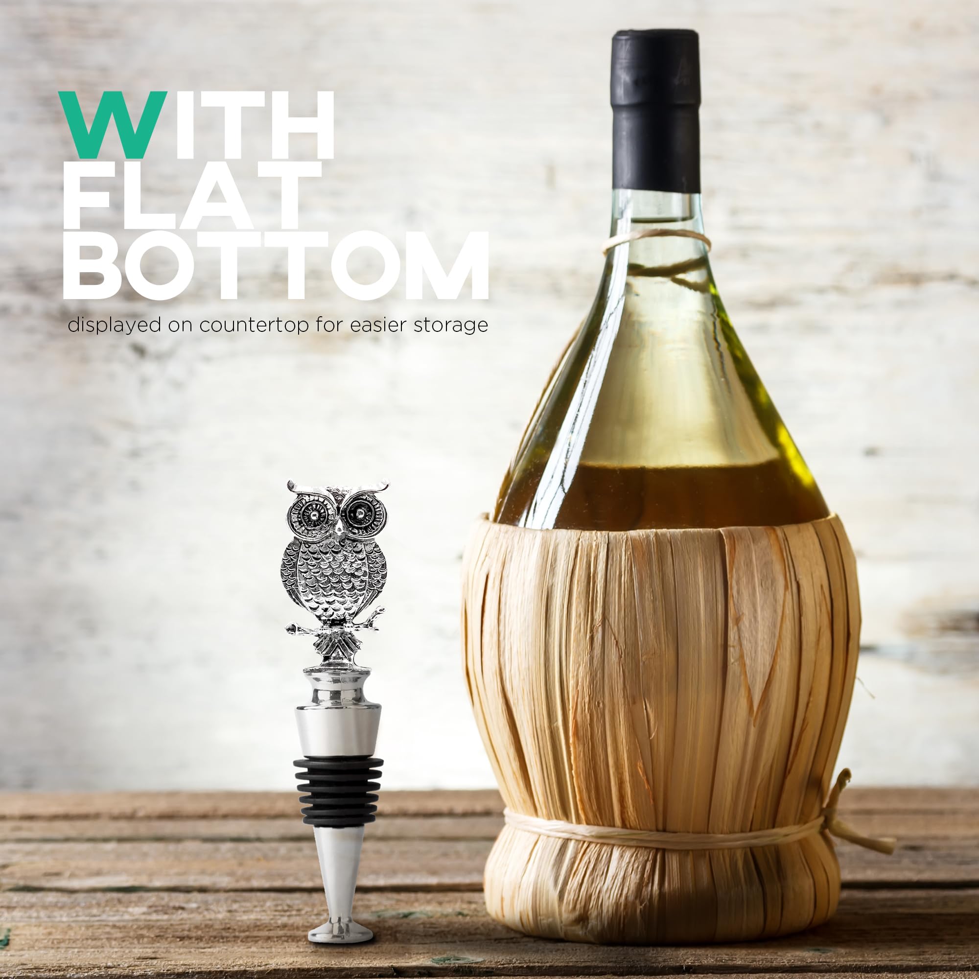 Homestia owl wine stopper on table adds decorative elegance to any setting.