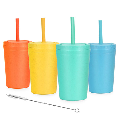 Homestockplus reusable wheat straw cups with lids and silicone straws in four color options, family-friendly.