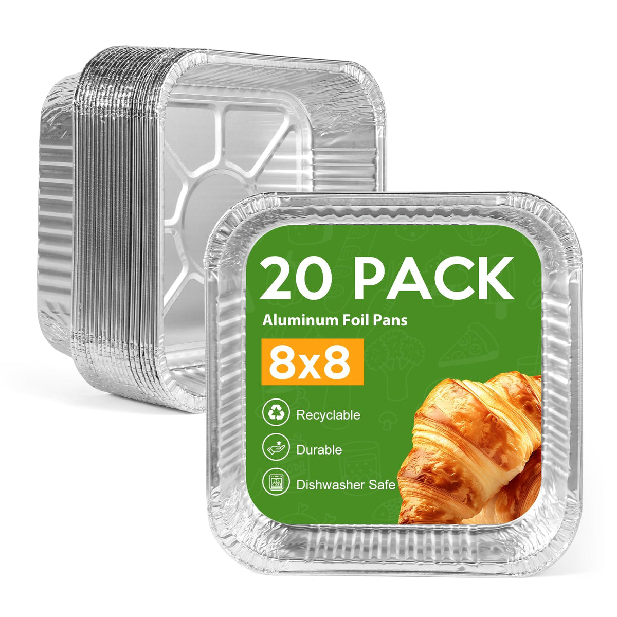Homewarm 8x8 foil pans pack, stackable for meal prep and easy transport.