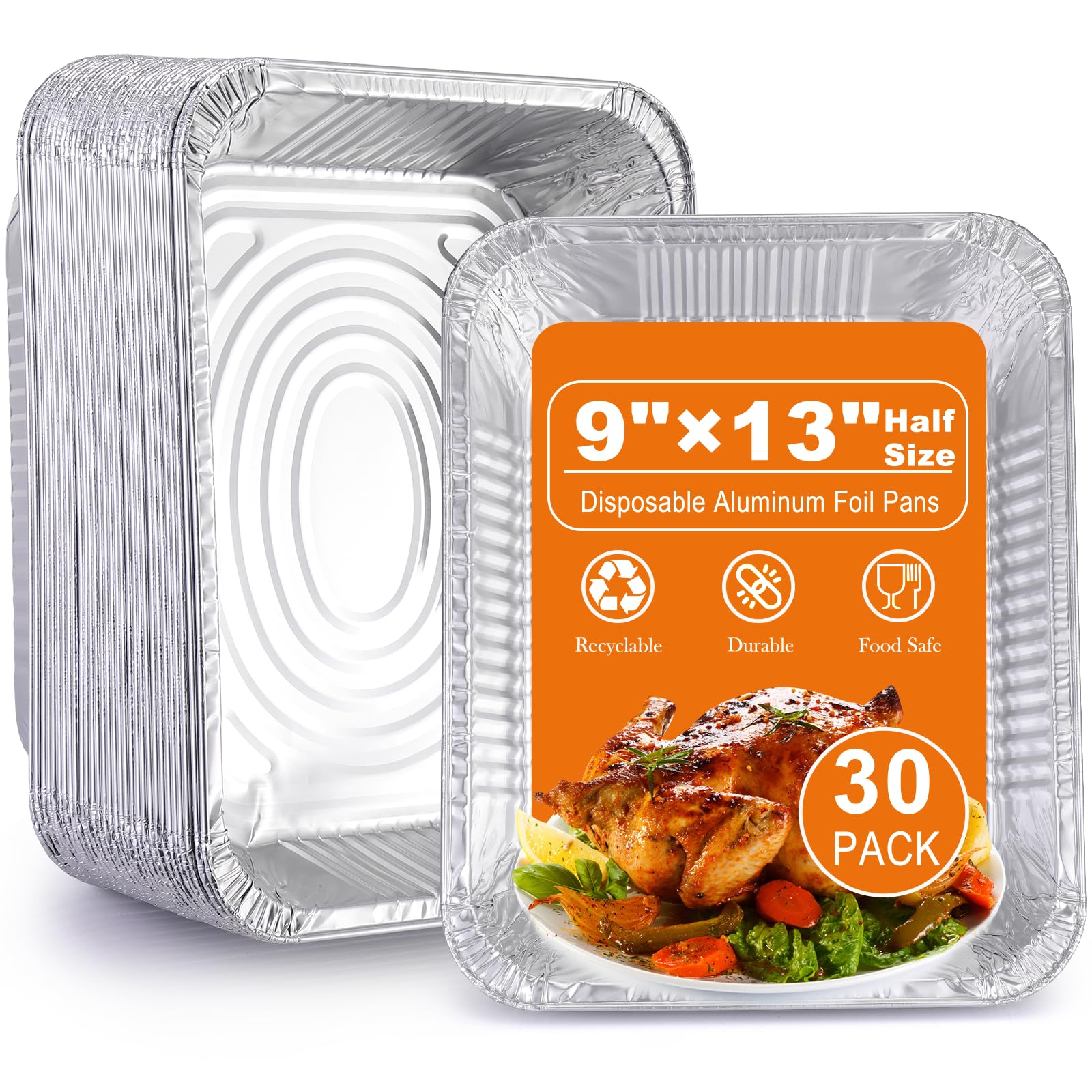 Homewarm 9x13 aluminum foil pans stacked for quick prep and mess-free serving.