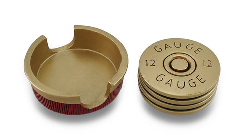 HomeWetBar shotgun shell coaster close-up, red and gold hand-painted finish, vintage look.