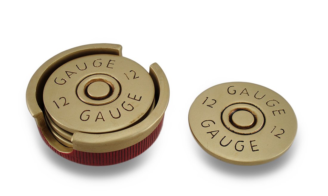 HomeWetBar shotgun shell coaster set, red and gold, non-slip feet protect tabletops.