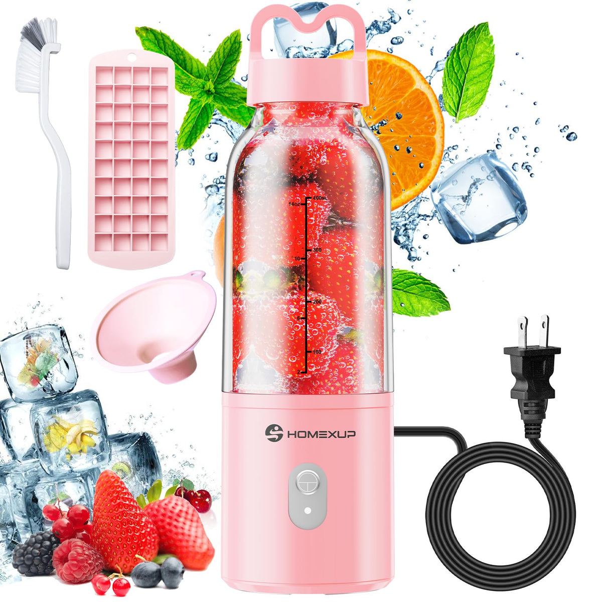 HOMEXUP portable blender 17oz pink front view for smoothies on the go