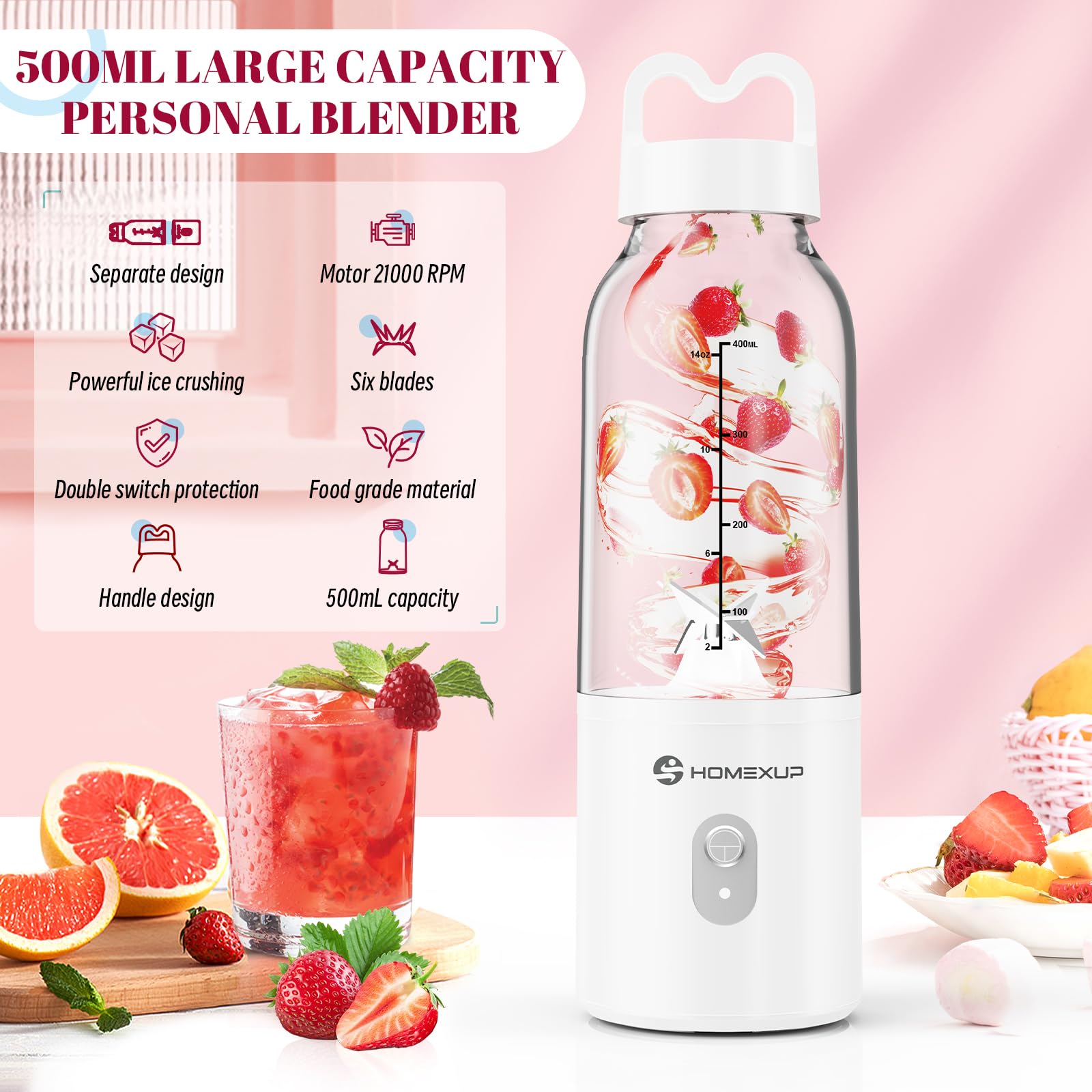 Homexup ice-crush capability enables smooth frozen drinks on the go.