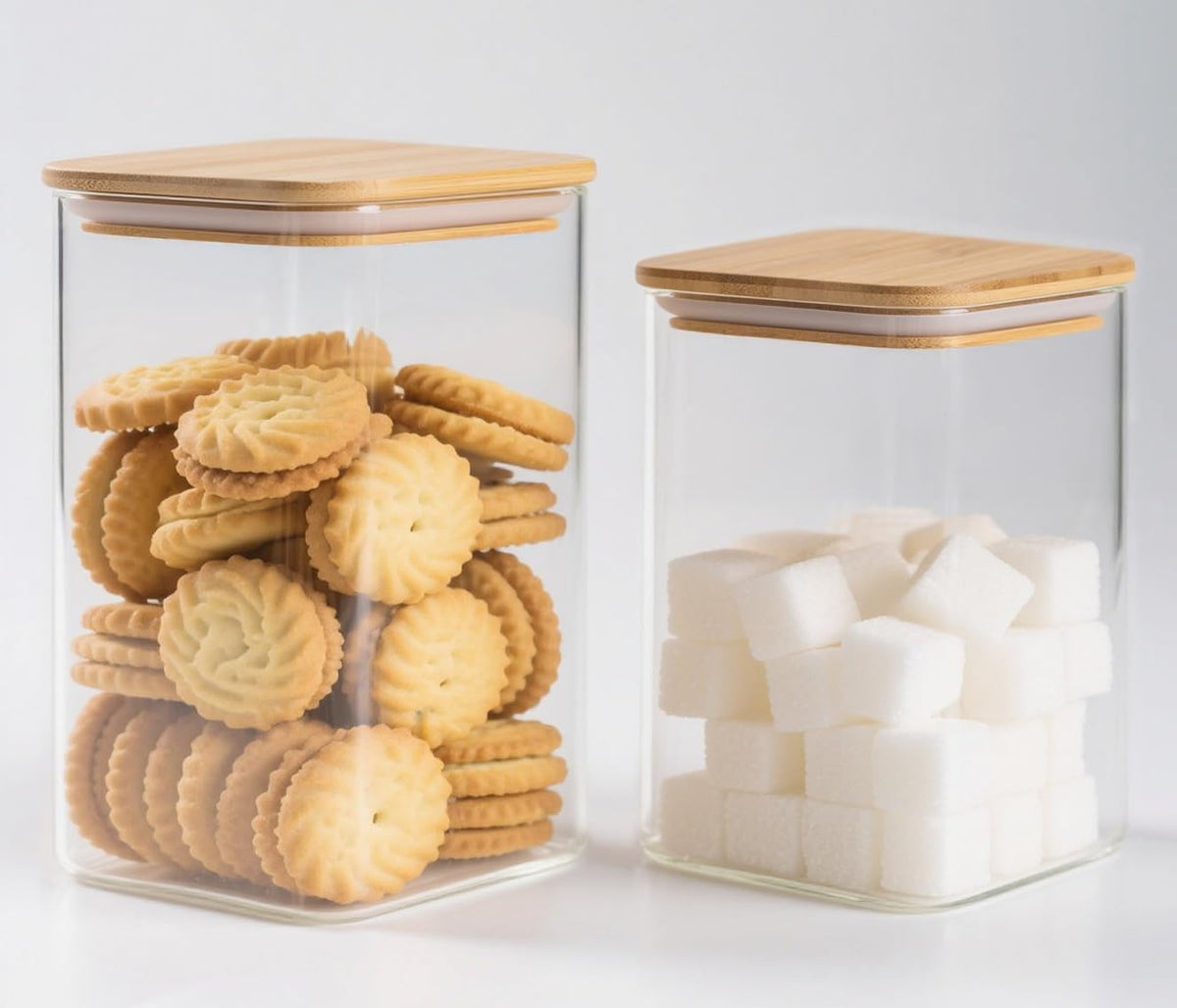 HomeyHoney 38oz square glass jar with bamboo lid shows contents clearly for pantry organization