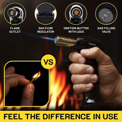 Homia adjustable flame control enables one-handed use at any angle.