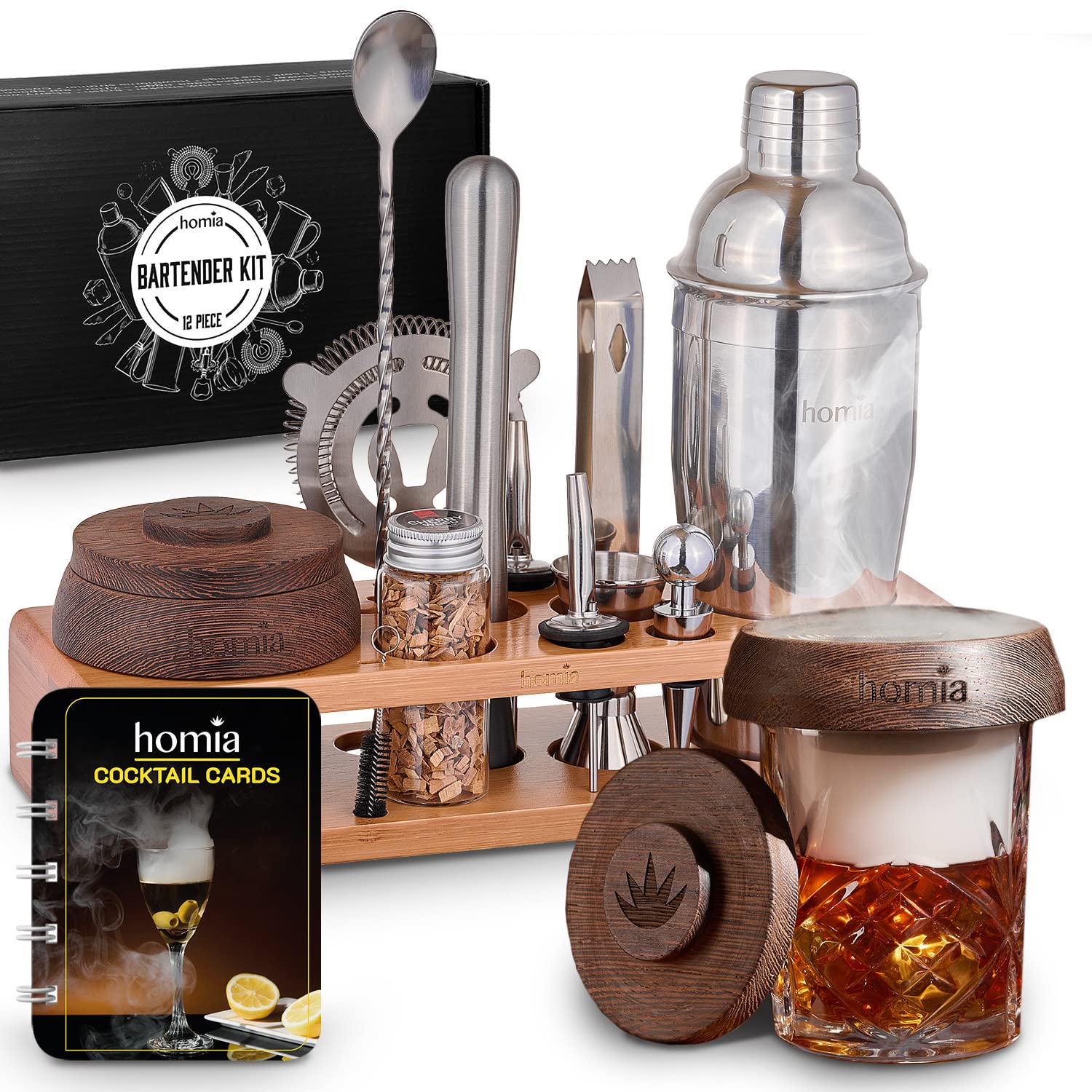 Homia bartender kit bamboo stand for organized home bar setup.