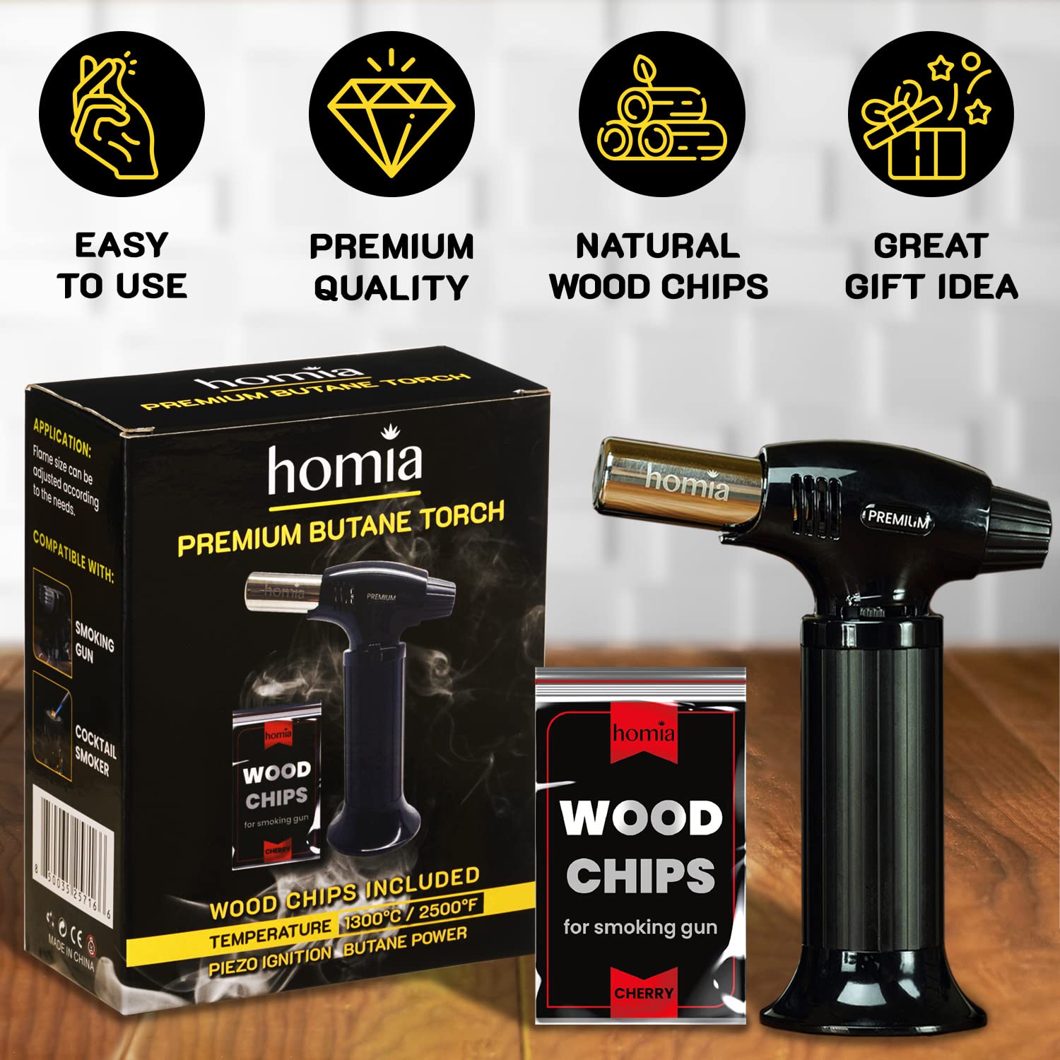 Homia cherry wood chips pack ready to infuse flavor into beverages.