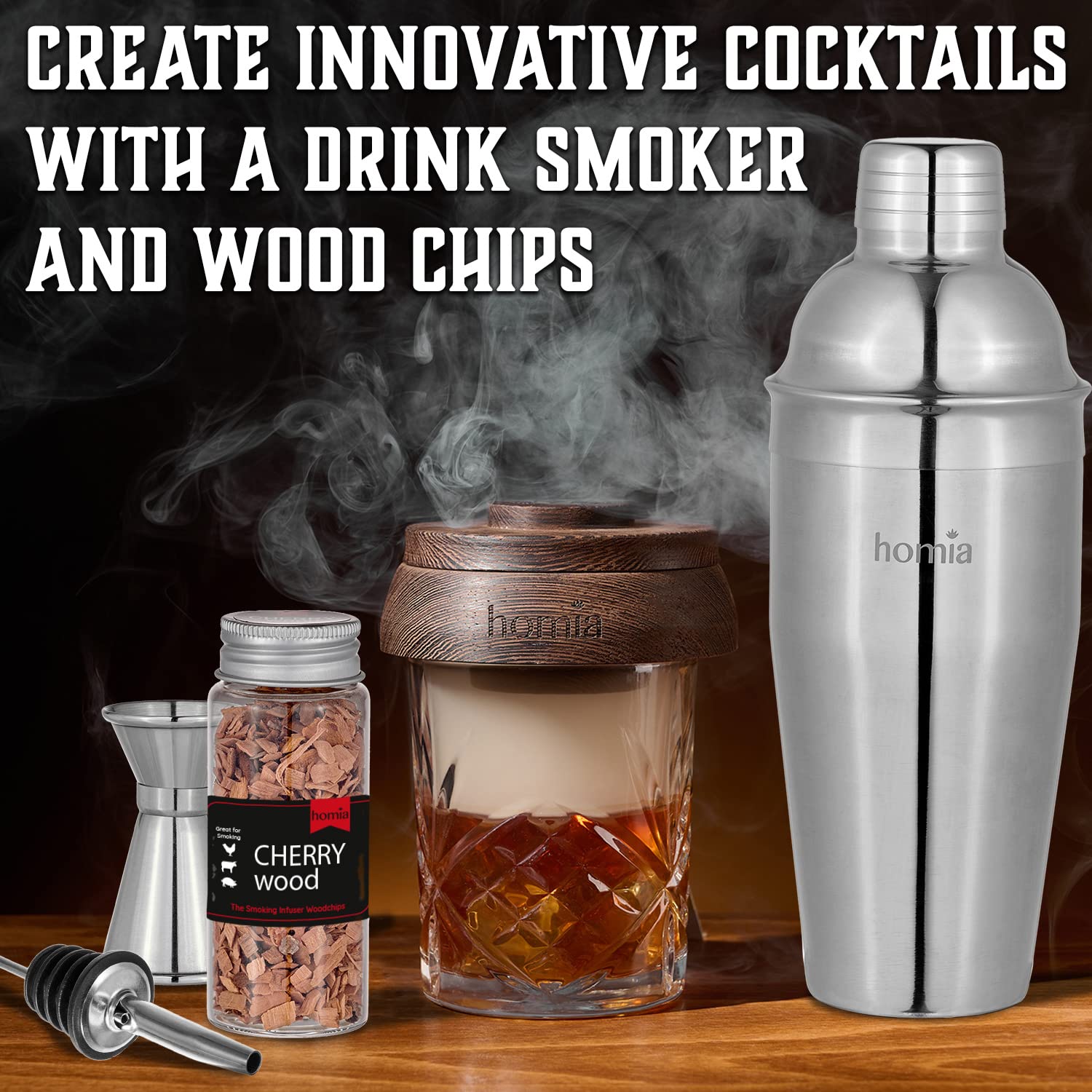 Homia stainless steel cocktail shaker for durable, leak-free shaking.