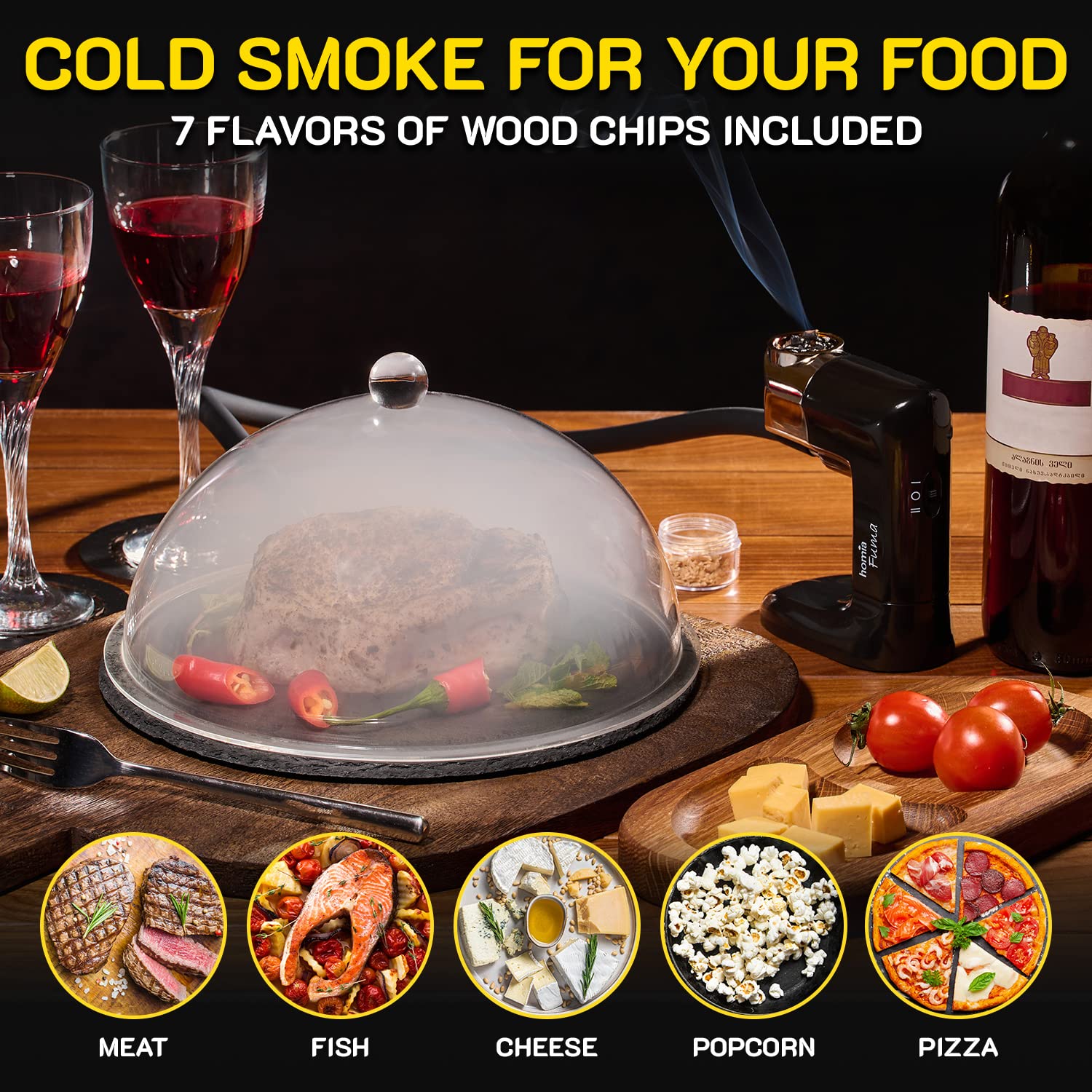 Homia wood chips collection showing multiple flavors for versatile smoking experiences.