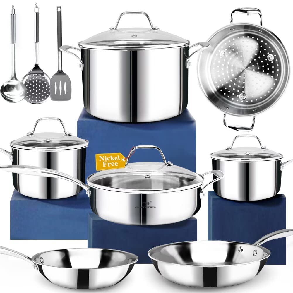 HOMICHEF 14-piece nickel-free whole-clad 3-ply set ready for versatile cooking and presentation