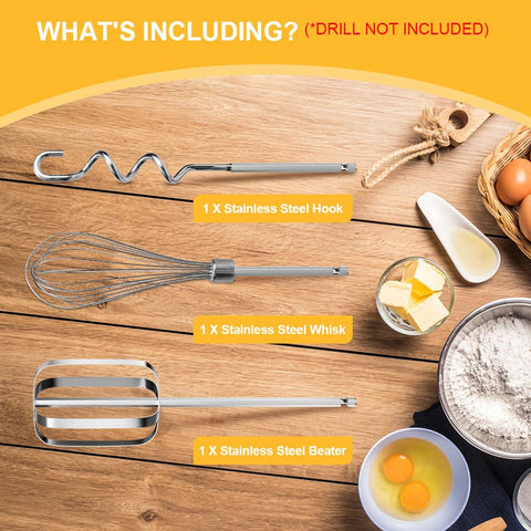Homicozy cordless drill-compatible hand mixer attachments.