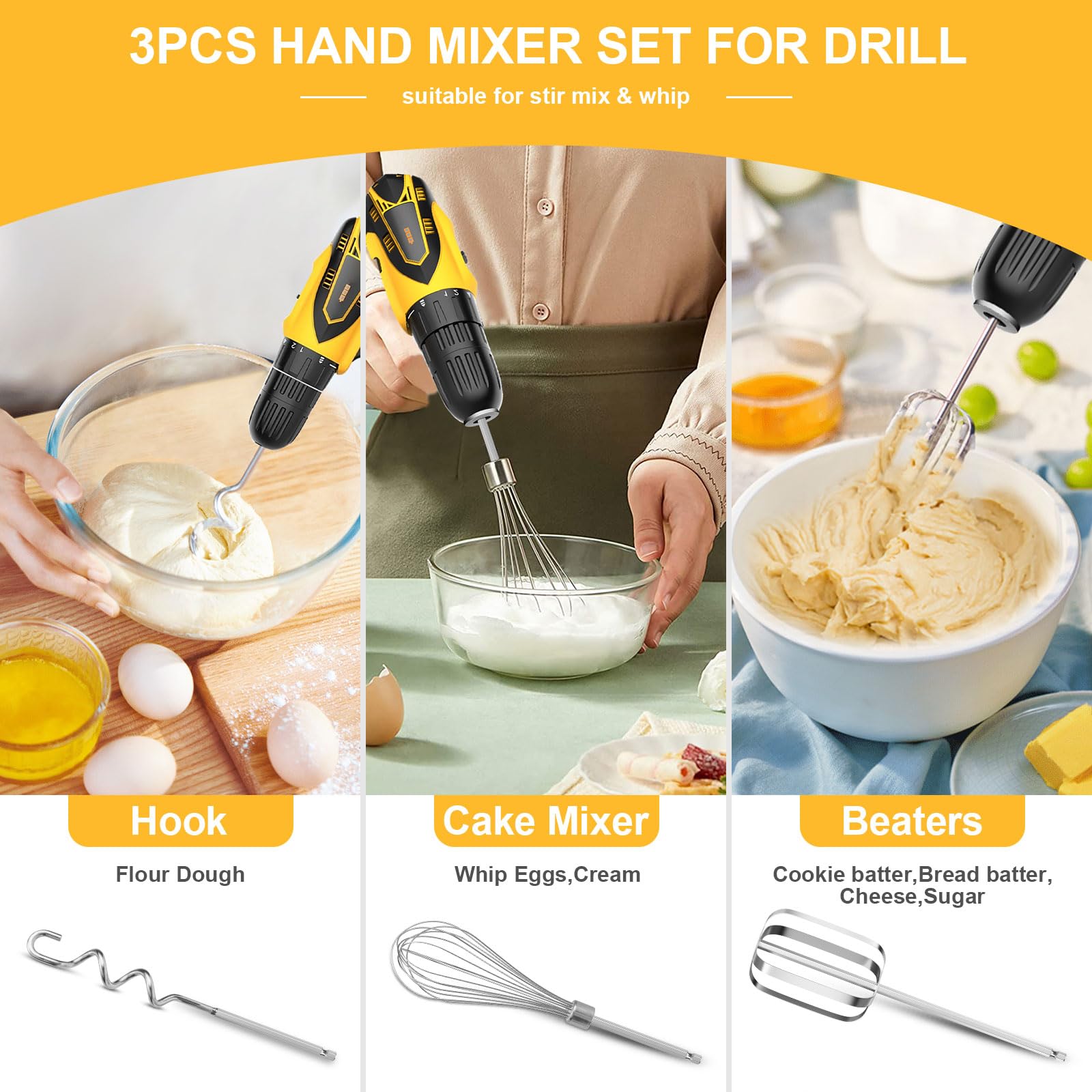 Homicozy egg beater for drills, blends batter smoothly.