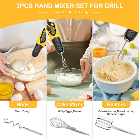 Homicozy egg beater for drills, blends batter smoothly.