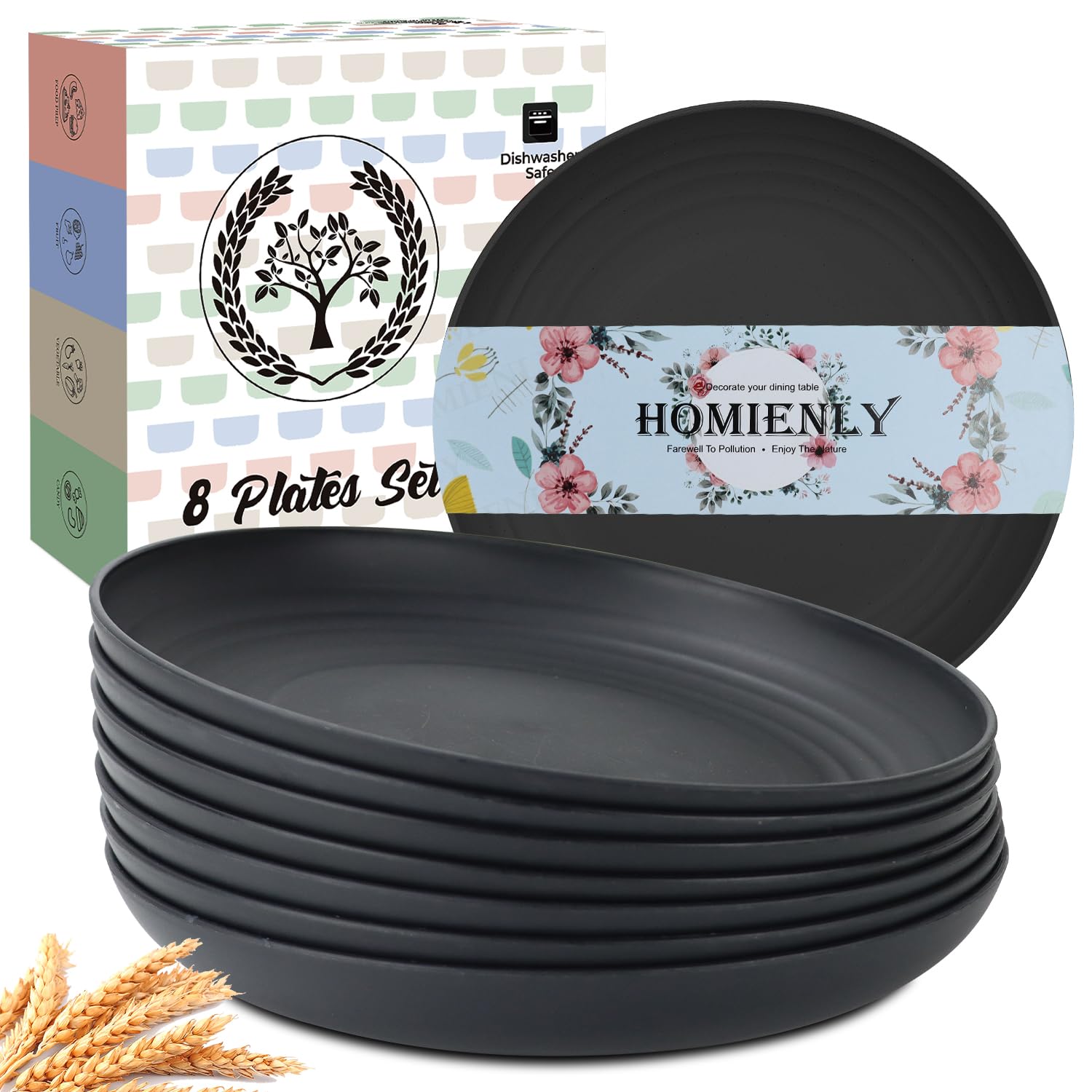 Homienly Deep Dinner Plates set of 8 in black 9 inch, durable and microwave safe for family meals