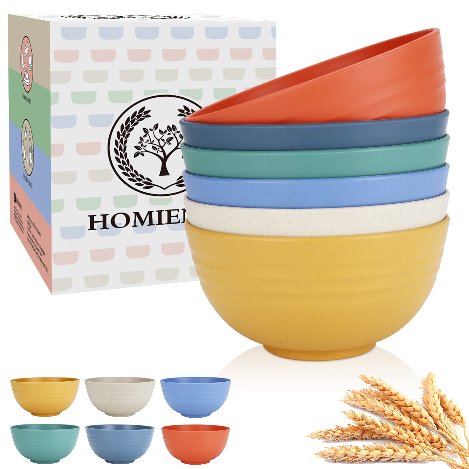 Homienly Wheat Straw Cereal Bowls 6pc set stacked for space-saving storage