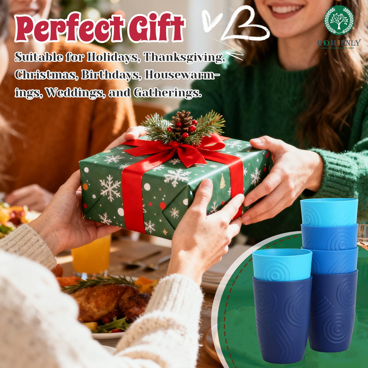 Stackable cups save cabinet space in compact kitchens.