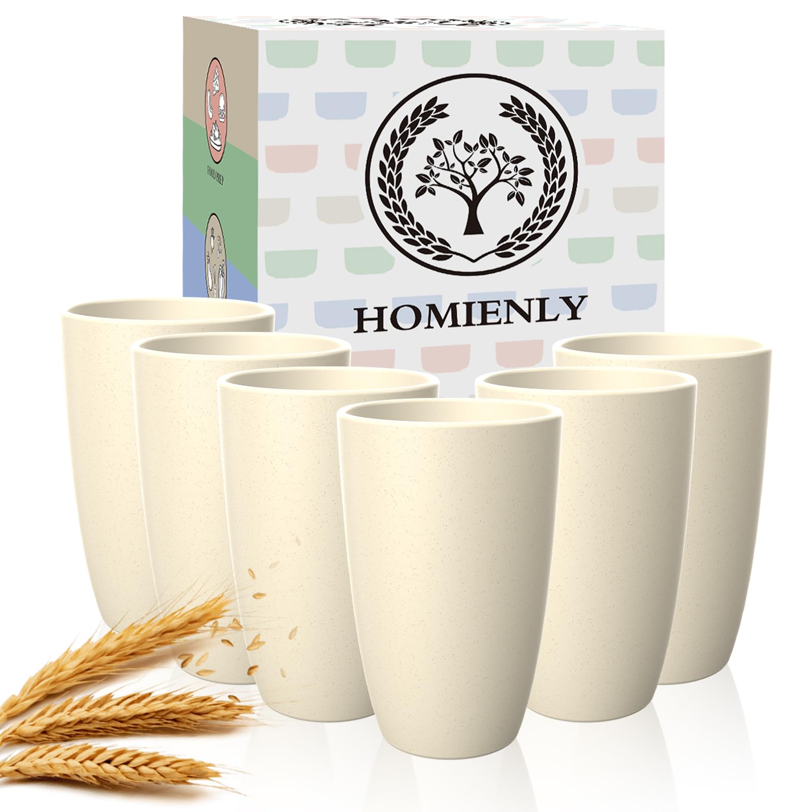 Homienly wheat straw cups beige set of six, durable daily use