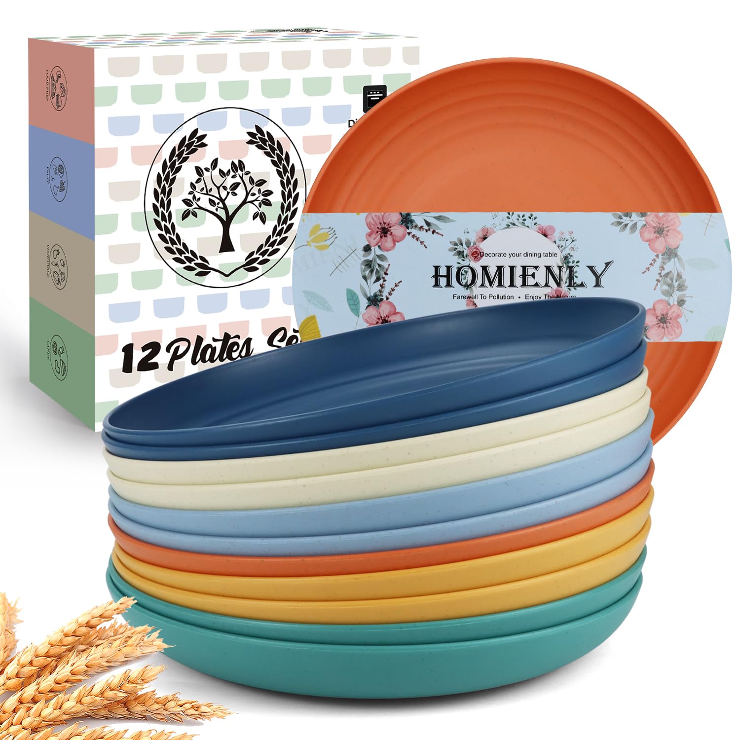 Homienly 12-piece colorful wheat straw plates for family meals.