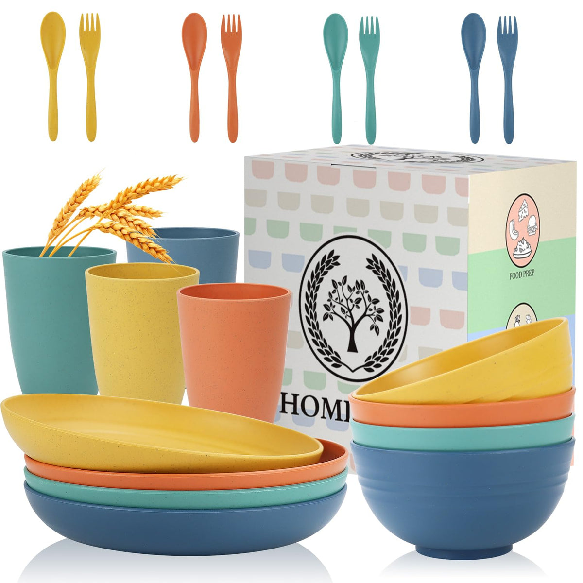 Homienly wheat straw plates and bowls set in multicolor for durable family dining.